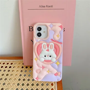 Калъф за телефон Pink Rabbit за Iphone 14 13 12 11 Pro Max за Iphone 14pro Предпазва силикон мек калъф от падане, разкрасяване красива 3D