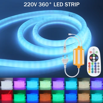 360 кръгли led ленти 220V RGB Neon led светлини с дистанционно управление, 5050 76 светодиоди, водоустойчив силикон тръба, неонова лента за декор