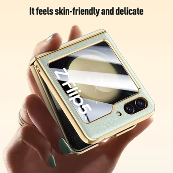 Луксозна изкуствена кожа, нормална кожа, твърд КОМПЮТЪР, галванична рамка за защита на пантите, калъф за Samsung Galaxy Z Flip 5, устойчив на удари калъф