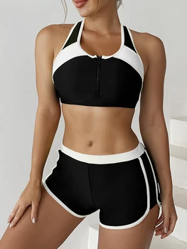 Комплект бикини с цип 2024, женски бански костюм от две части, с къси панталони, спортни бански, дамски бански костюм, плажно облекло, лято