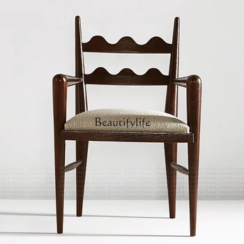 Трапезария стол от масивно дърво в ретро стил, домашен подлакътник, тъканно облегалка за почивка, работен стол, направен от плат