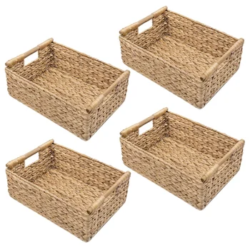 4X Малки плетени кошници за организиране баня, Гиацинтовые кошници за съхранение, Изплетен кош за съхранение с дървена дръжка
