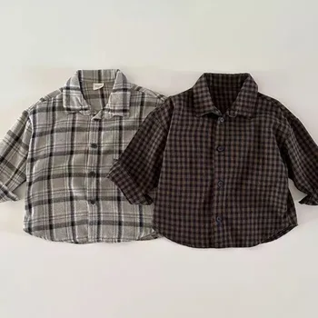Пролетни детски ризи 2024, Модерен карирани жилетка с отложным яка, памучен ежедневни риза за малки момчета