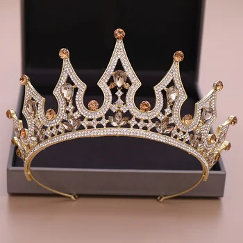 Луксозни Реколта Златни Диадеми с Голяма Корона, кристали, Royal queen за младоженци, принцеса, Корона за партита, шаферките, NA