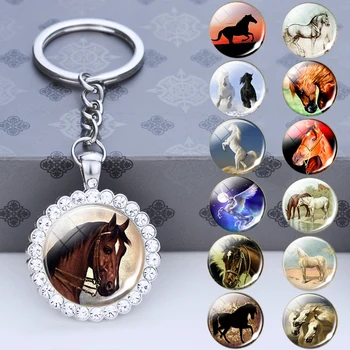 Ключодържател с животни, Окачване с кристали, Ключодържател, Стъклен Cabochon, Верижка за ключодържател във формата на кон, Изискани бижута, Подарък чанта, Аксесоари