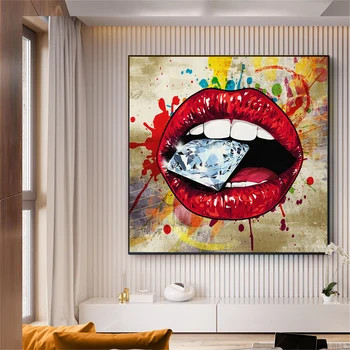 Улично графити в стил поп-арт, плакат с принтом върху платно, ярко червени устни, брилянт абстрактна живопис за домашен интериор на хола Cuadros
