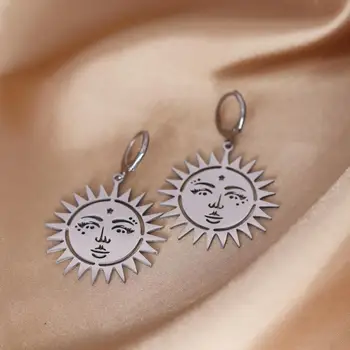 Обеци-халки от неръждаема стомана Todorova, кръгли Обици-висулки с образа на Слънцето, за жени, Бижута на Едро