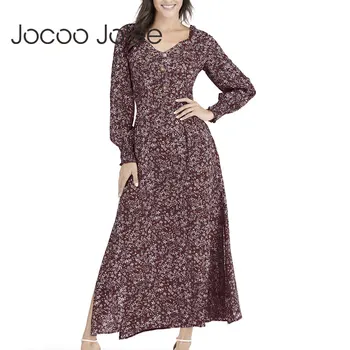 Лятото Шифоновое рокля Jocoo Jolee с дълъг ръкав и цветна принтом, Елегантна дълга рокля с цепка с V-образно деколте и висока талия, с плажна рокля