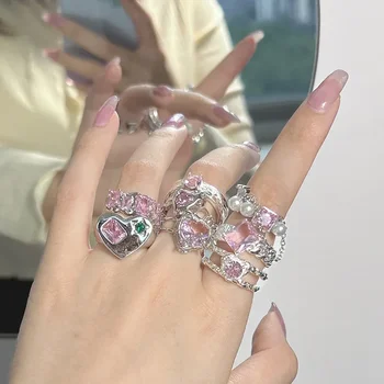Уникални пръстени с розово сърце с неправилна форма за жени, Готическия Сладък Фея Циркон, Лъскав планински кристал, модни декорации за партита, сватби