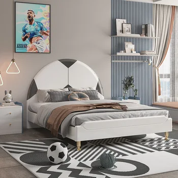 Детски легла за момчета Мебели за спалня от масивно дърво Детска футболна спалня с кожена тапицерия Футболно легло
