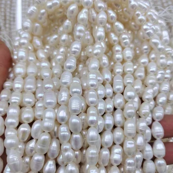 37 см, мъниста от оризово перли 7,3-8,3 мм, 100% естествени сладководни перли с овална форма, ориз, перли клас А