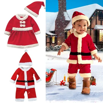 Коледен костюм на Дядо Коледа за малките момчета и момичета, детски cosplay-червени рокли, детски добре облечени дрехи, с шапка, карнавальная облекло за партита