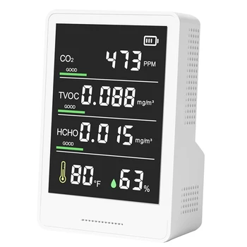 Портативен тестер за контрол на качеството на въздуха, детектор на CO2, CO2, TVOC, HCHO, брояч на частици влажност и температура, за домашна кола