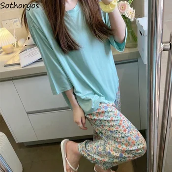 Пижамные комплекти за жени С цветя, прости, нежна, които намаляват възраст Ежедневни неща в корейски стил, популярни реколта Изкусителен