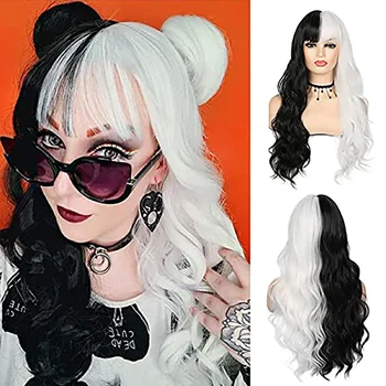 Дълъг е наполовина черно-бяла перука, Вълнообразни женски къдрава костюмные перуки, Cosplay-перука Лолита 