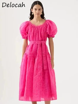 Висококачествено лятно дамско модно дизайнерско однотонное рокля Delocah с пищни ръкави и колан, свободни рокли миди с бродерия.