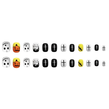 Квадратен комплект за нокти, определени за режийни ноктите на Хелоуин, Тиква маникюр с изкуствени пръсти за момичета, Женски декорация за нокти