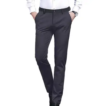Мъжки костюмные прави панталони, Тесни, с висока талия, джобове, Разтеглив Официални панталони 한국 가을옷