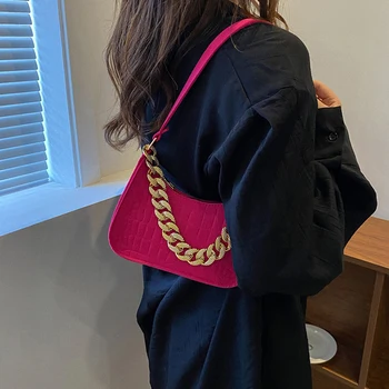 Чанта през рамо, реколта кожени обикновена ежедневни дамски чанти на дебела верига, Прости женски малка чанта през рамо