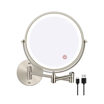8-Инчов Платени Стенно Огледало за Тоалетка Маса/Баня с Двойно Странично Огледало 1X/10X Надигна led и 3-цветен Сензорен екран с температура на въртене на 360 ° C