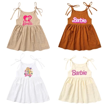 Kawaii кукли Барби Бебешка рокля-комбинация без ръкави с шарките на аниме, Сладки Летни Детски Рокли-куртки от памук и лен за момичета, детски пола в подарък