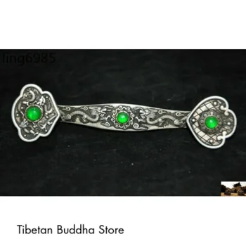 Тибетски сребърна инкрустация на Старата Династия на Китай, Зелен Нефритови Дракон Жуйи, Благоприятна Статуя