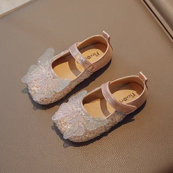 Модерни обувки за момиченца с пайети и носа на плоския обувки, детски обувки на принцесата, мека подметка, удобни тънки обувки H579