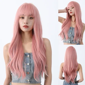 Розово Дълги вълнообразни синтетични перука с бретон, косата на Лолита 